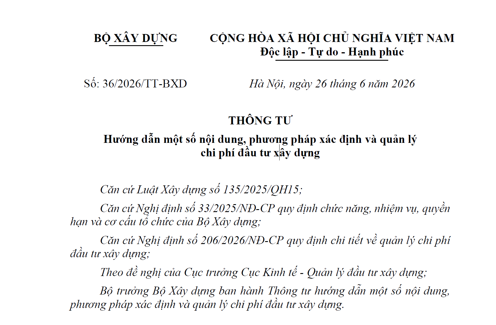 Thông tư 36/2026/TT-BXD
