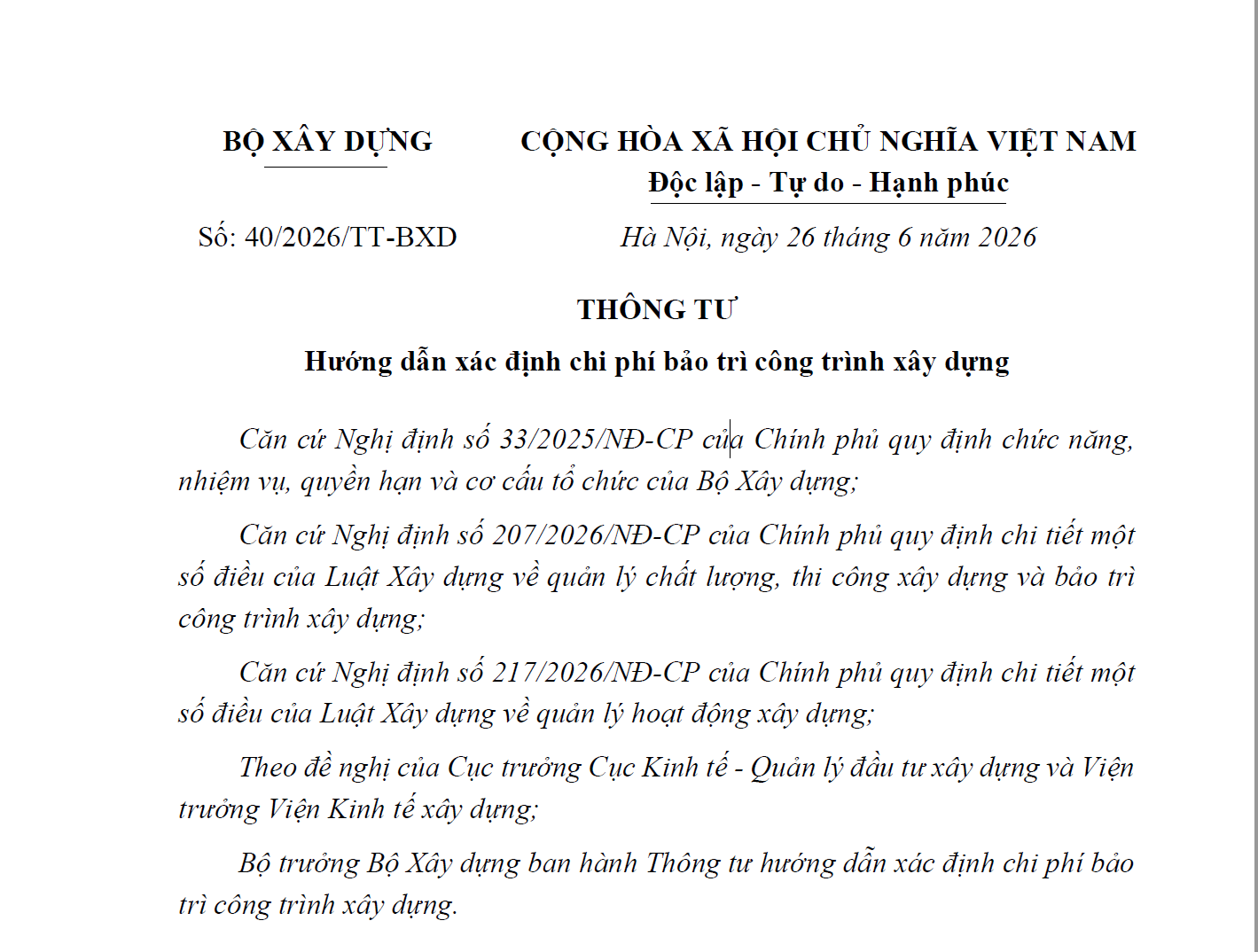 Thông tư 40/2026/TT-BXD